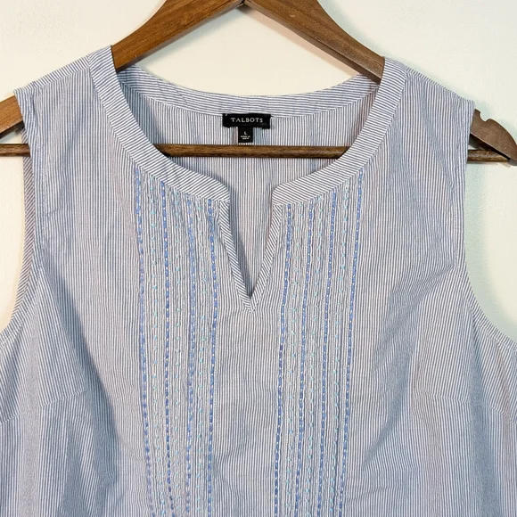 Talbots Blue Whit Stripe Cotton Pintuck Tank Top - Picture 2 of 6